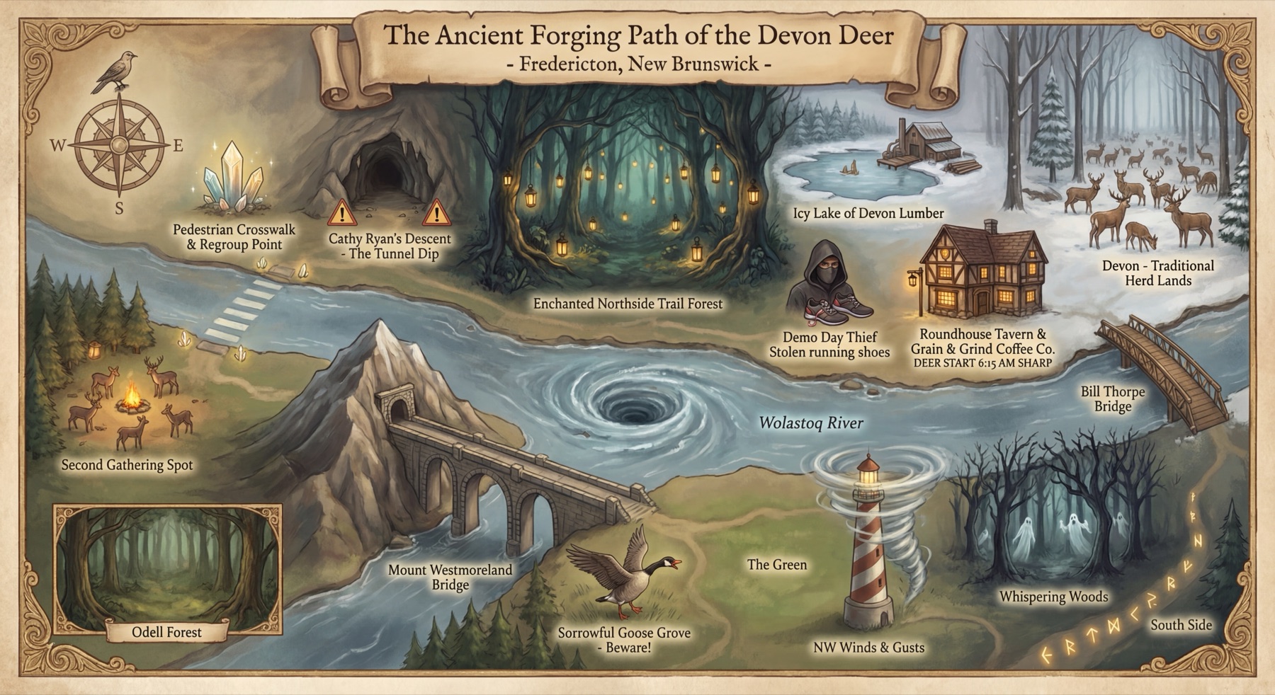 Fantasy illustrated lore map of the Devon Deer route with one continuous Wolastoq River, Northside and Southside trails, Westmorland and Bill Thorpe bridges, the Roundhouse, regroup points, a goose, lighthouse and forests.