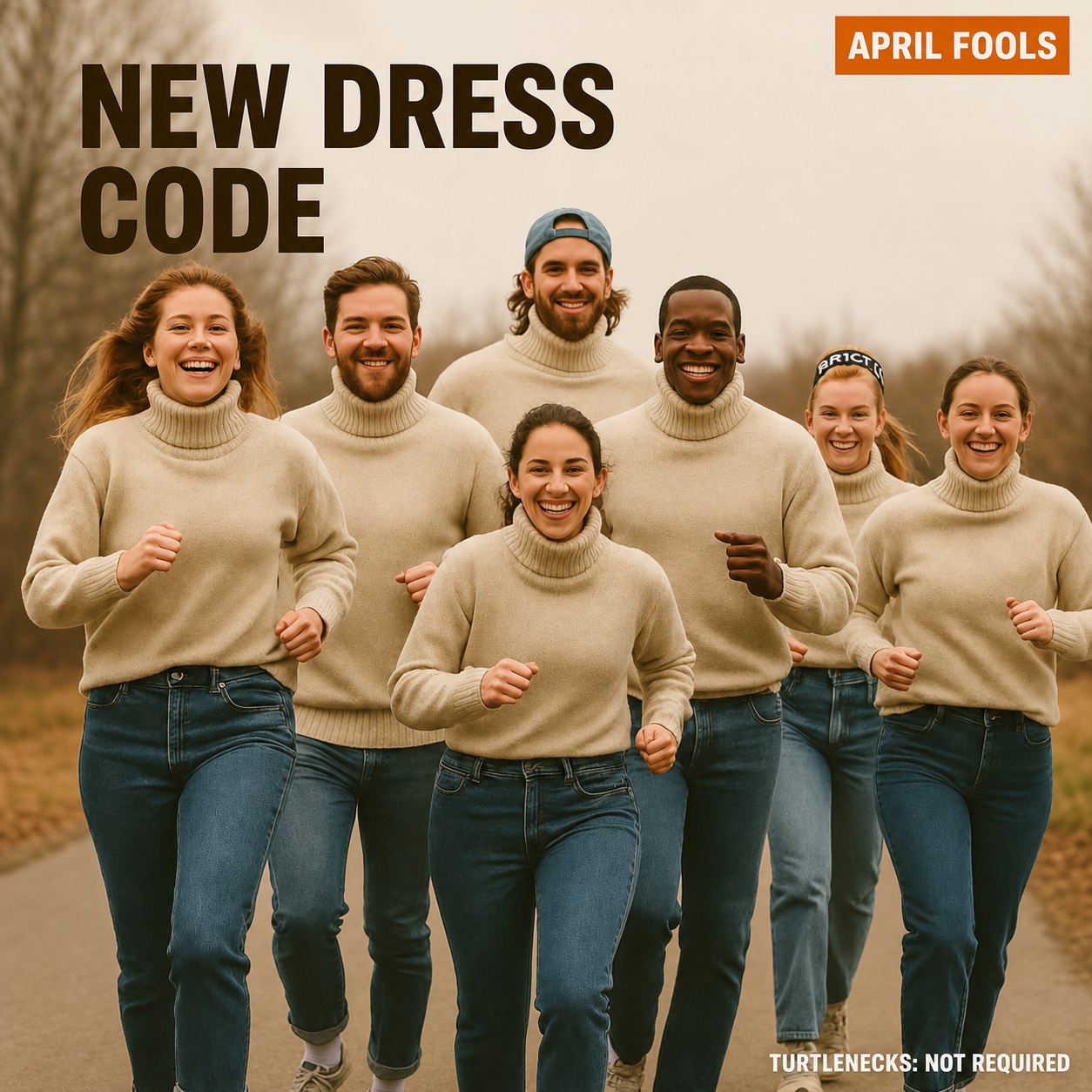 Une affiche clairement étiquetée Poisson d’avril montre sept coureurs en chandail à col roulé sous le titre New Dress Code.